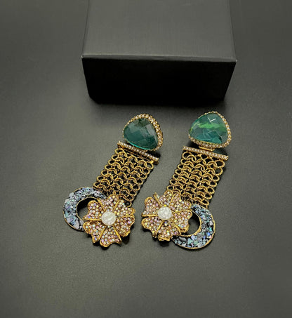 Designer Floral Earrings with Sparkling Crystals & Pearl Drop