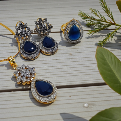 Luxury Teardrop Stone Pendant Set with Earrings – Gold Plated