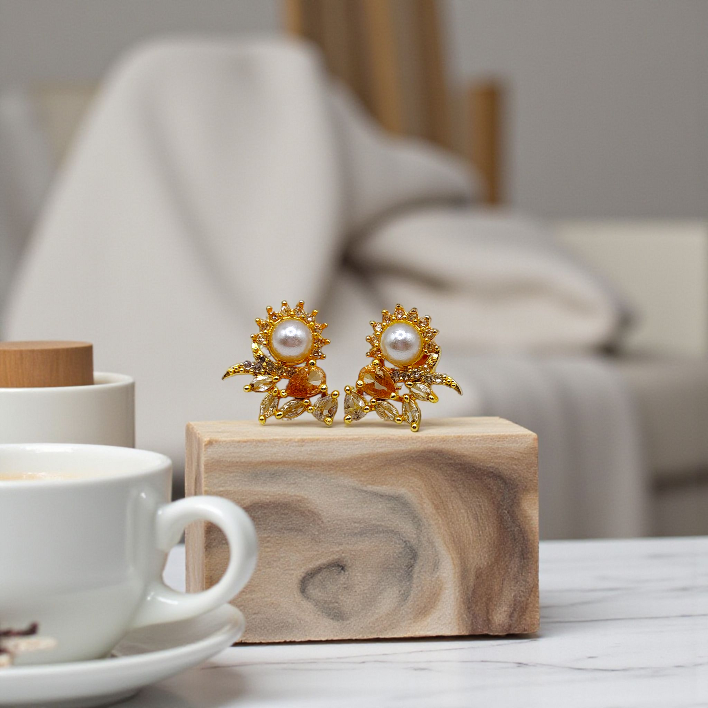 Pearl & Green Stone Floral Stud Earrings