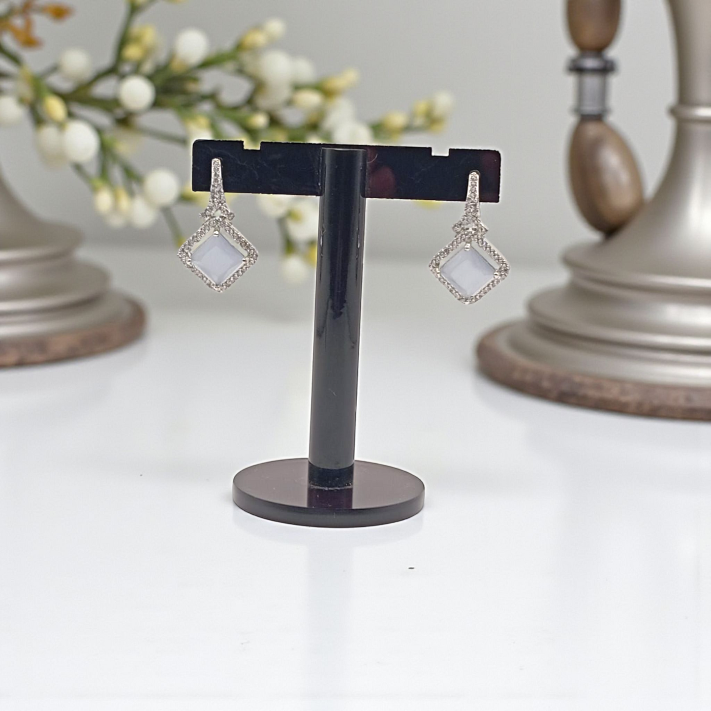 Diamond-Shaped Drop Studs with Crystal Accents