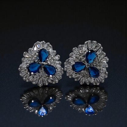 Royal Blue Crystal Floral Stud Earrings  Silver Plated Statement Jewelry