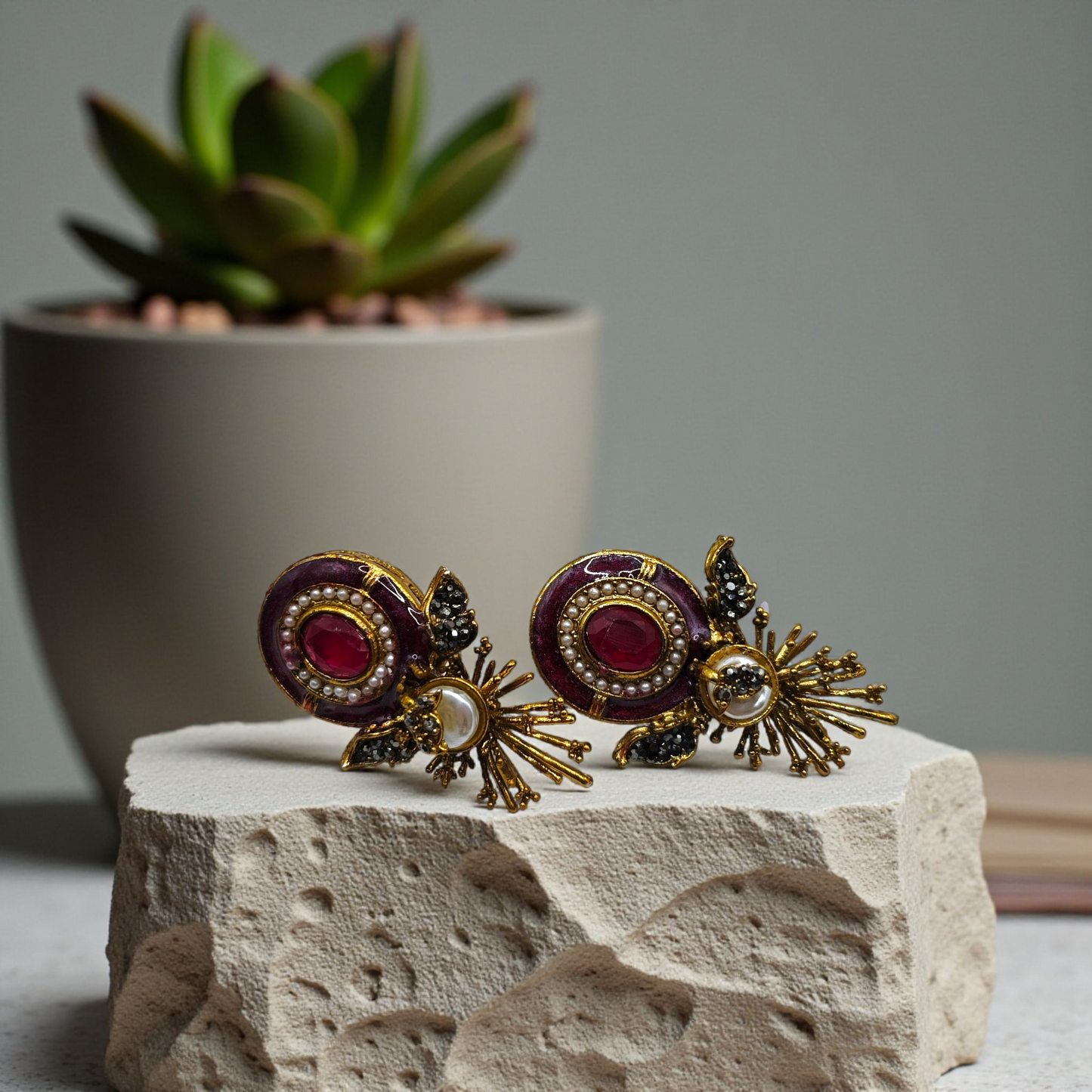 Emerald Enamel Stud Earrings with Pearl & Gold Detailing – Luxury Statement Earrings