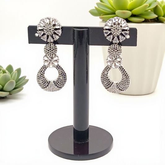 Floral Drop Earrings with Black Stone Accents