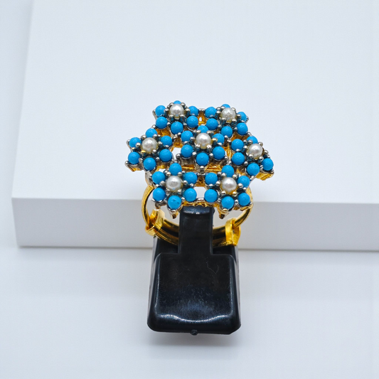 Floral Cluster Ring with Blue and Pearl Accents