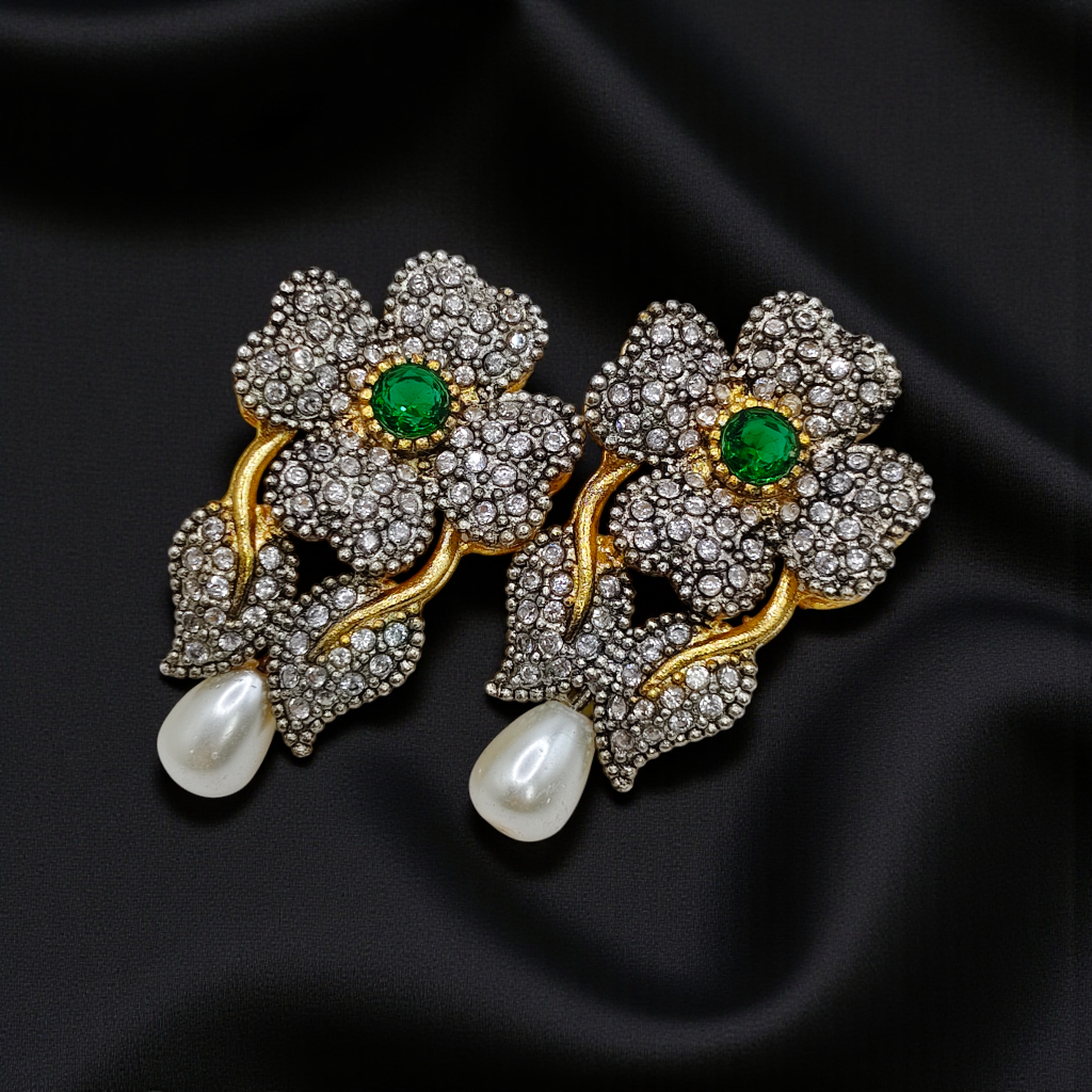 Luxury Floral Crystal Earrings with Pearl Drop – Antique Gold Finish