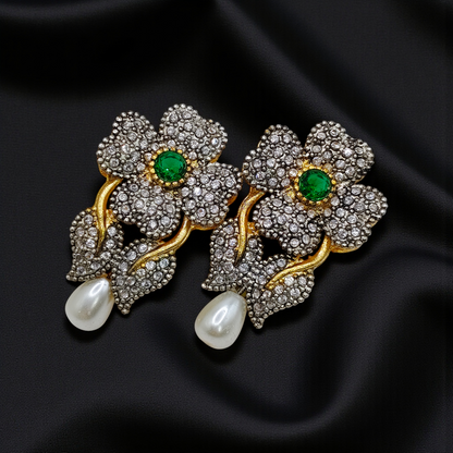 Luxury Floral Crystal Earrings with Pearl Drop – Antique Gold Finish