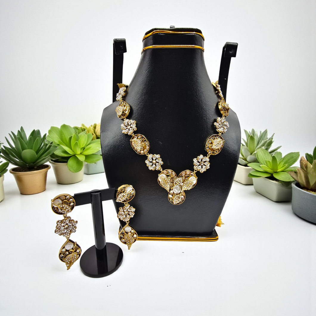 Golden Floral Mala Set – Pearl & Crystal Design