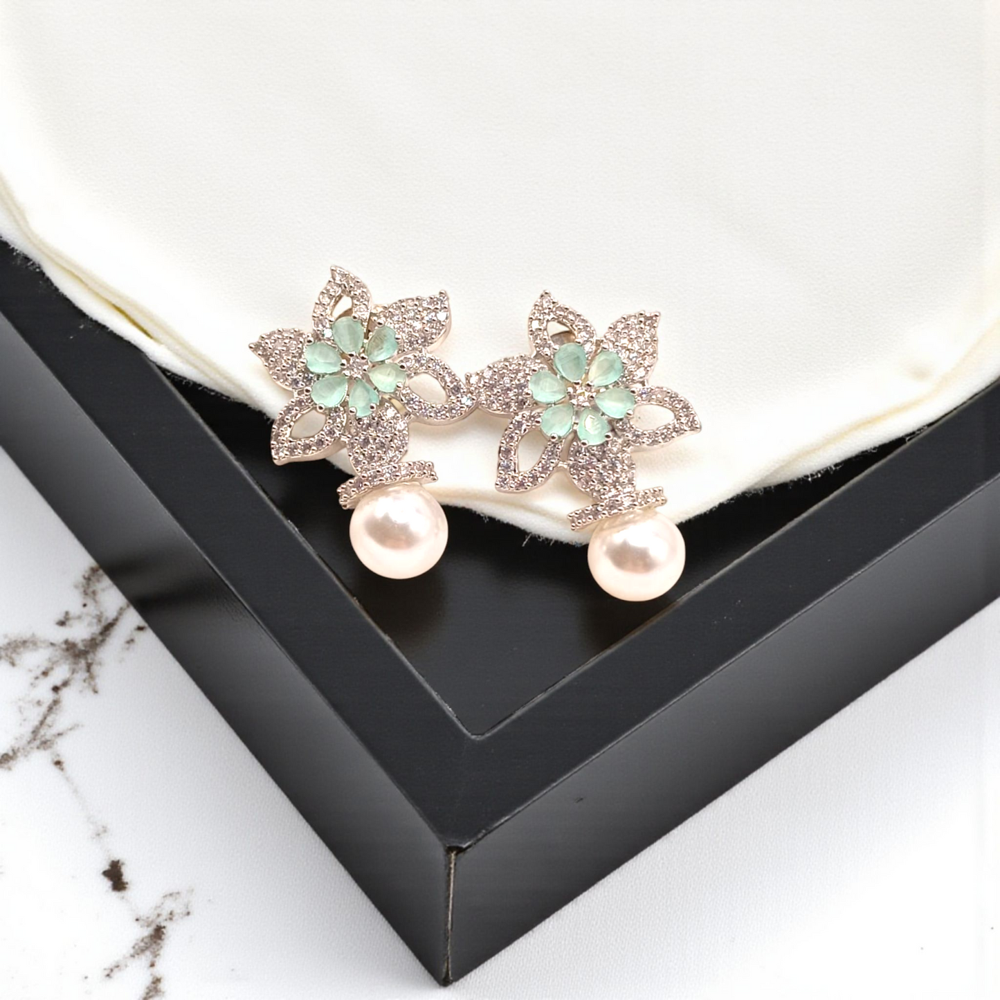 Floral Earrings with Pearl Drop