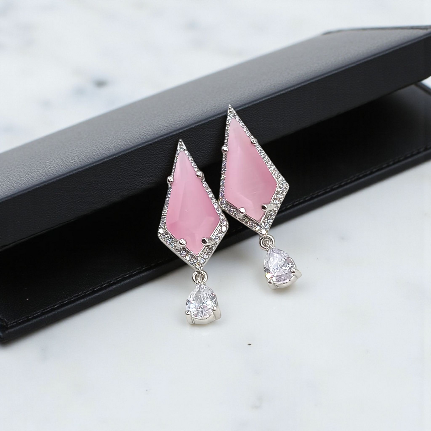 Geometric Aqua Stone Drop and Pink Geometric Stone Drop Earrings with Crystal Accent