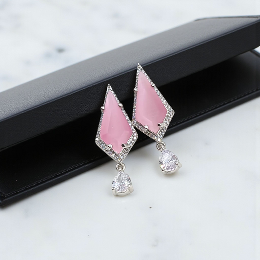 Geometric Aqua Stone Drop and Pink Geometric Stone Drop Earrings with Crystal Accent
