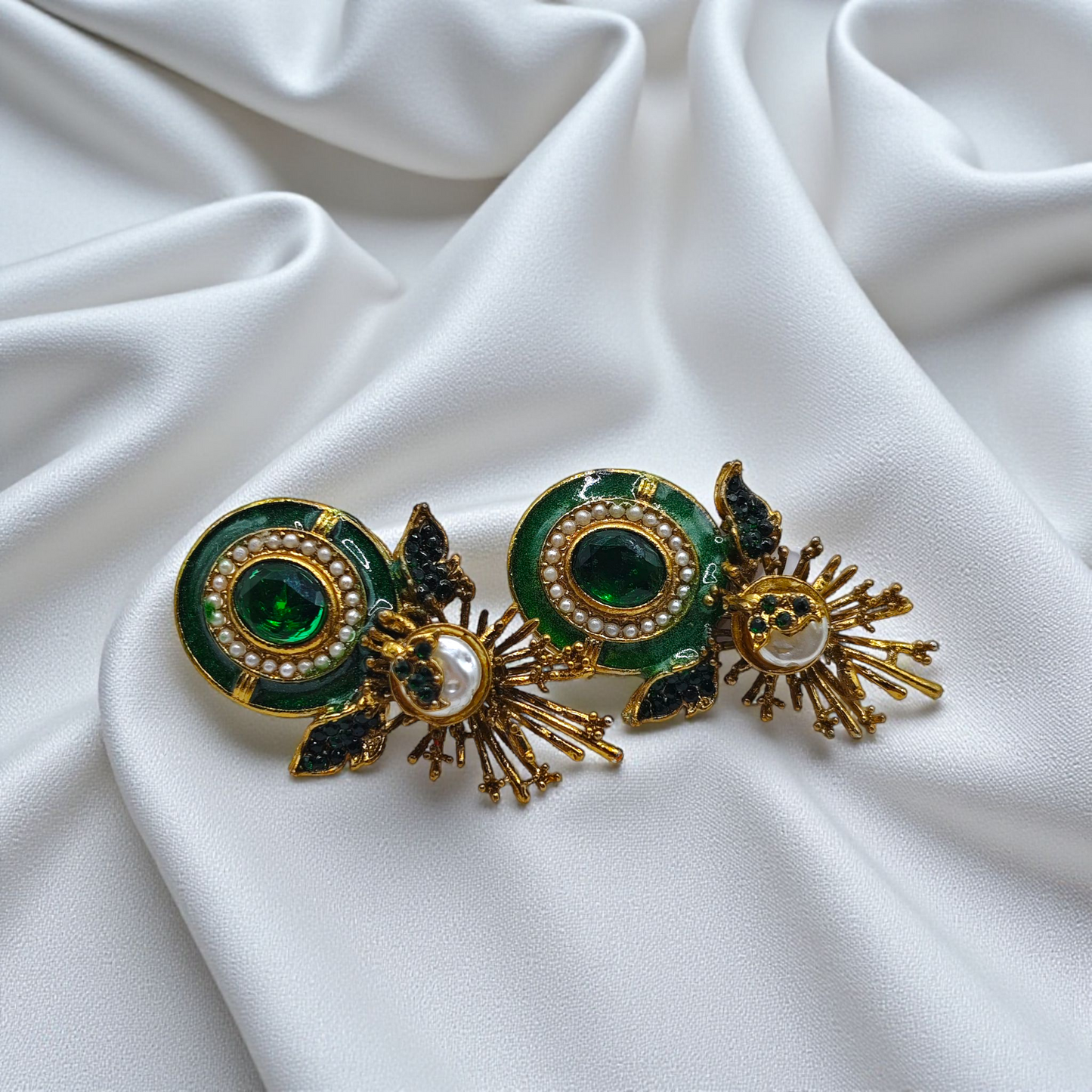 Emerald Enamel Stud Earrings with Pearl & Gold Detailing – Luxury Statement Earrings