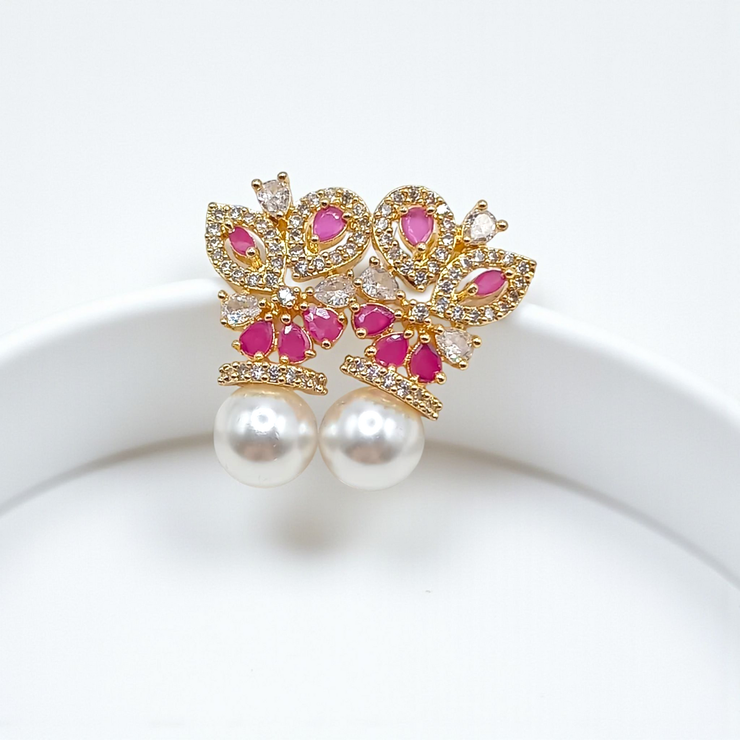 Gold Floral Ruby & Crystal Earrings with Pearl Drop