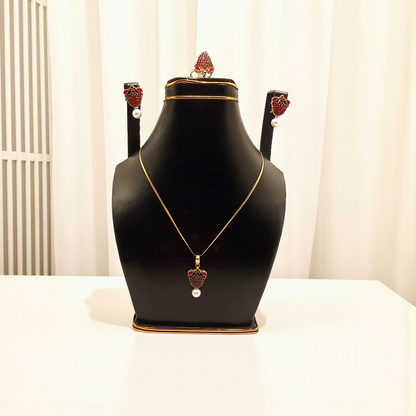 Scarlet Bloom Pendant Set Ruby Red with Pearl Drop