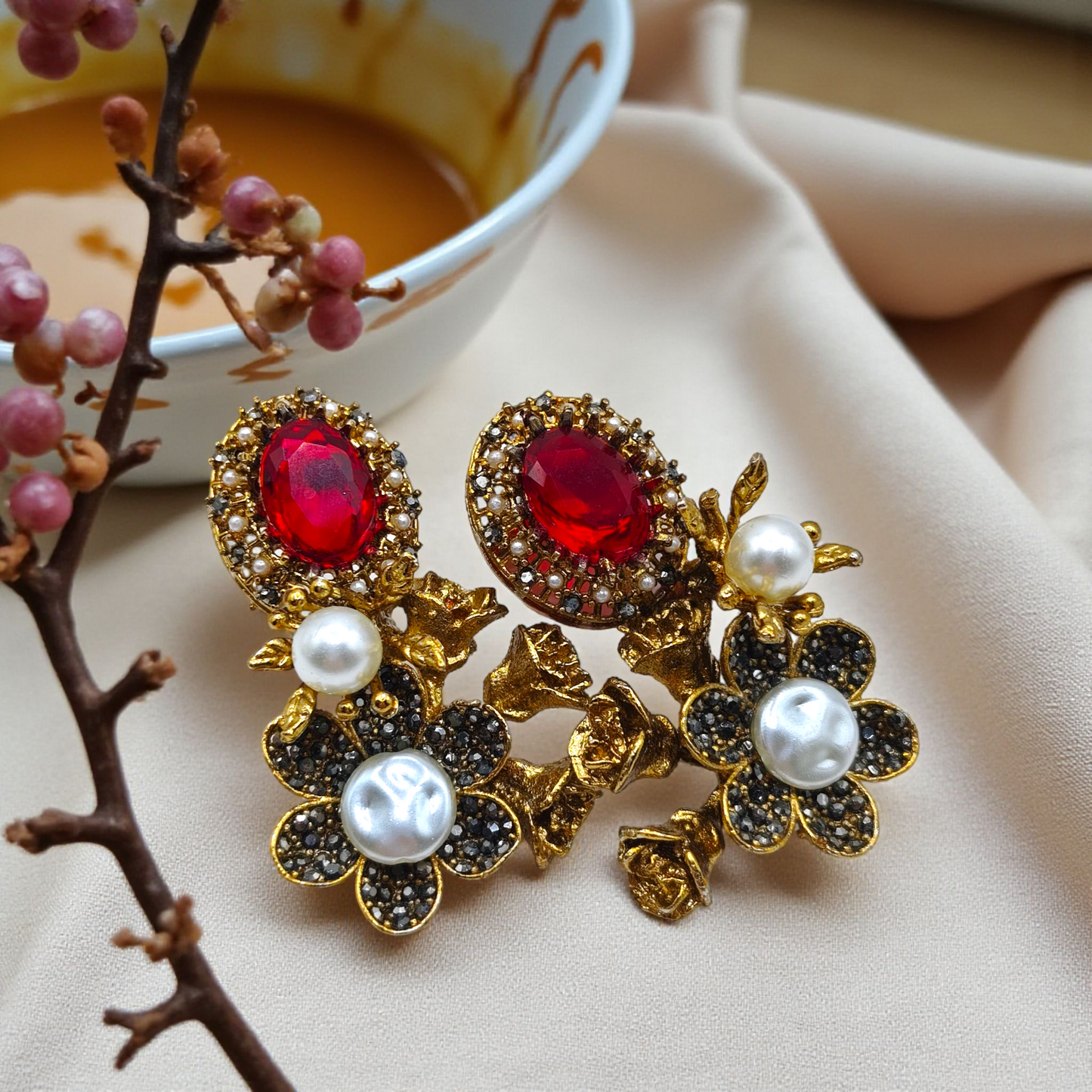 Sapphire Blossom Earrings Blue Oval Crystal, Gold Botanical & Daisy Pearl Drops