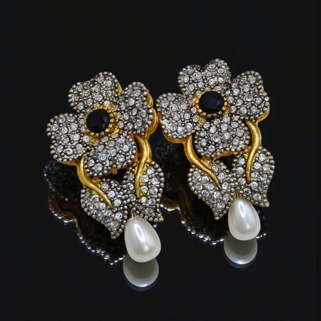 Luxury Floral Crystal Earrings with Pearl Drop – Antique Gold Finish