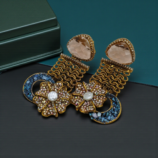 Designer Floral Earrings with Sparkling Crystals & Pearl Drop