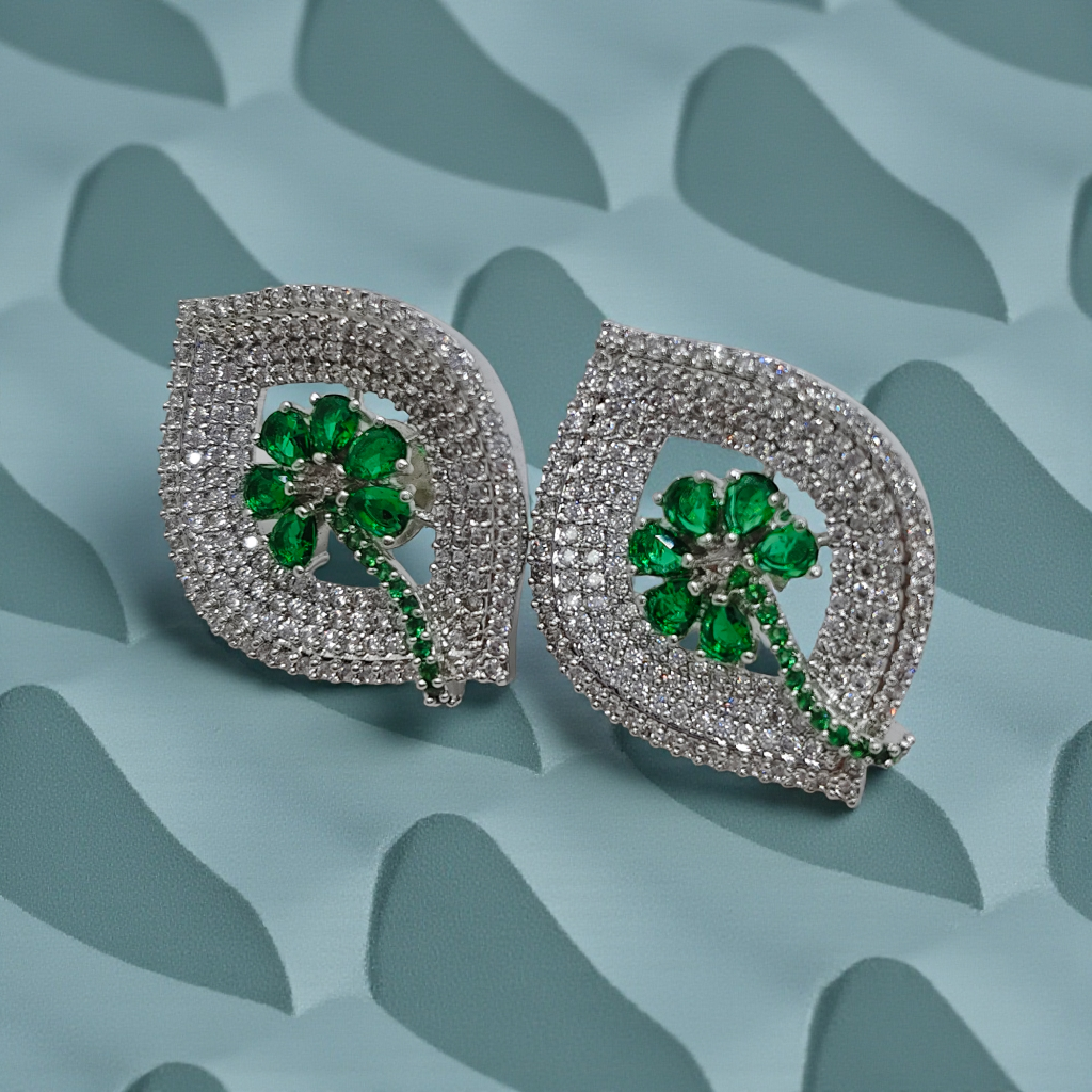 Silver Crystal Leaf Stud Earrings with Sapphire Blue Floral Center