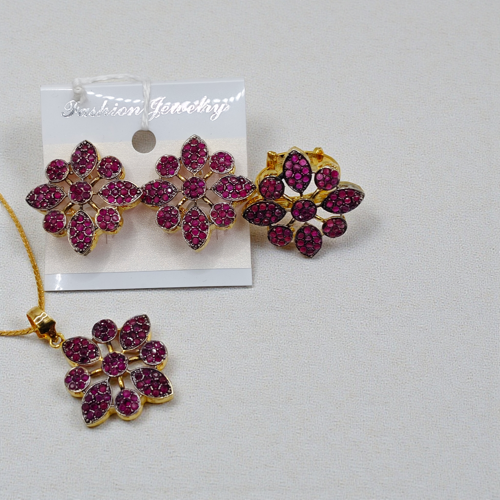 Floral Stone Pendant Set Gold Plated Statement Jewelry