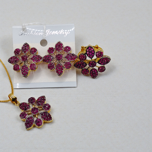 Floral Stone Pendant Set Gold Plated Statement Jewelry