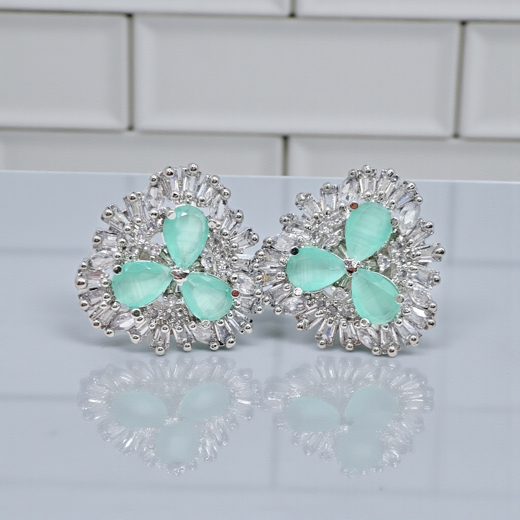 Royal Blue Crystal Floral Stud Earrings  Silver Plated Statement Jewelry