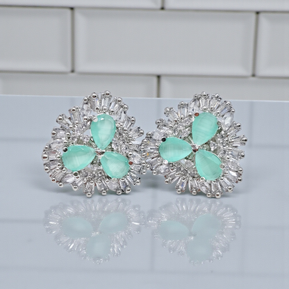 Royal Blue Crystal Floral Stud Earrings  Silver Plated Statement Jewelry