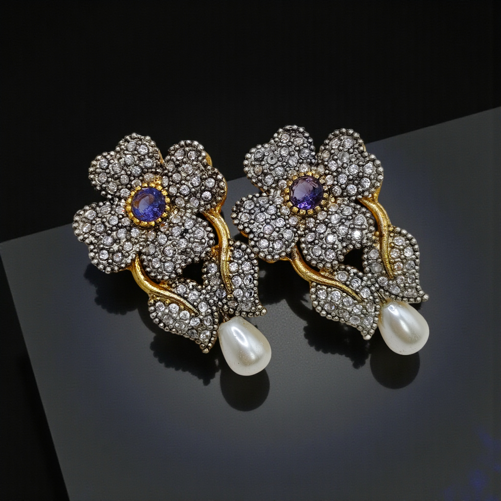 Luxury Floral Crystal Earrings with Pearl Drop – Antique Gold Finish