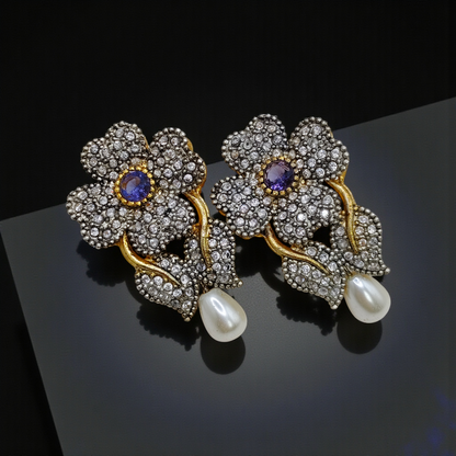 Luxury Floral Crystal Earrings with Pearl Drop – Antique Gold Finish