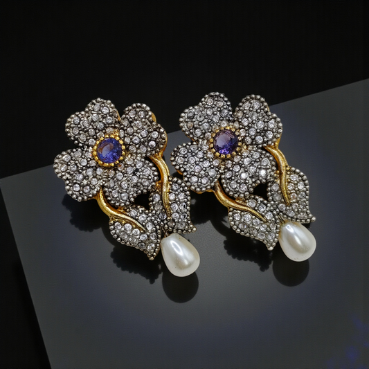 Luxury Floral Crystal Earrings with Pearl Drop – Antique Gold Finish