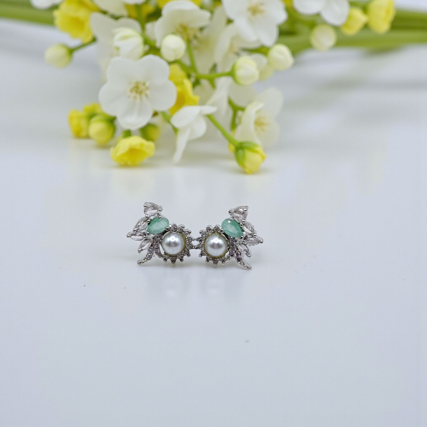 Pearl & Green Stone Floral Stud Earrings