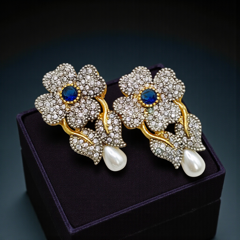 Luxury Floral Crystal Earrings with Pearl Drop – Antique Gold Finish