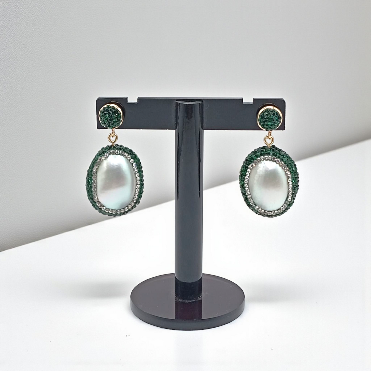Oval Pearl Drop Earrings with Green Crystal Accents