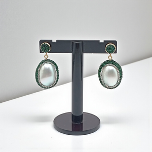 Oval Pearl Drop Chandelier with Green Crystal Accents
