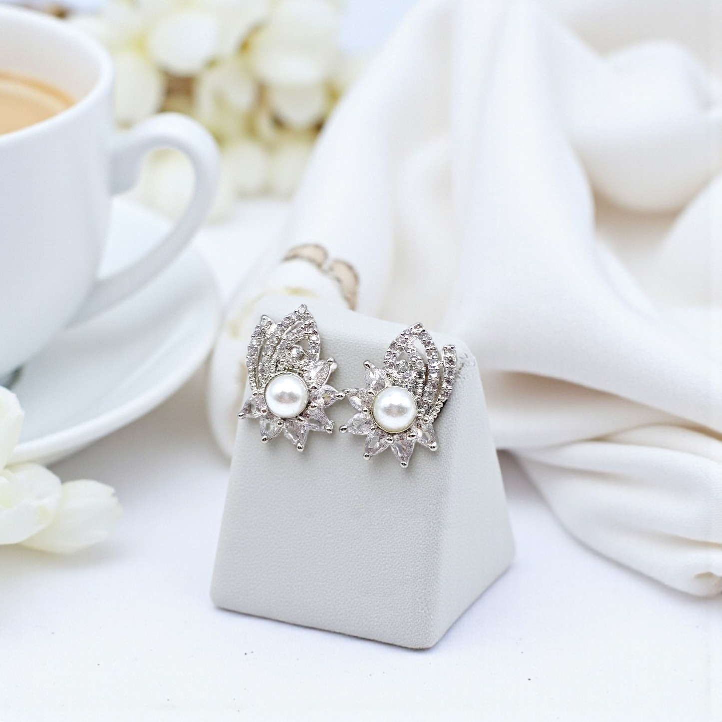 Elegant Pearl & Leaf Crystal Stud Earrings