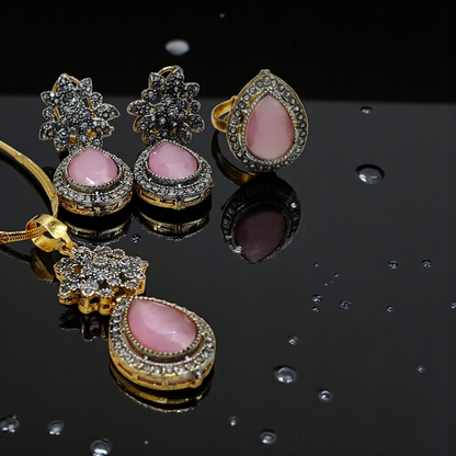 Luxury Teardrop Stone Pendant Set with Earrings – Gold Plated