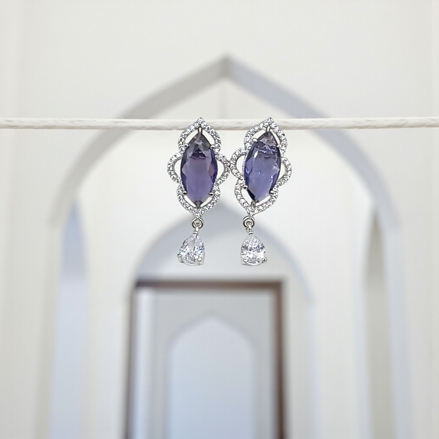 Bottle Green Stone And Lavender Marquise Stone Drop Earrings with Crystal Halo
