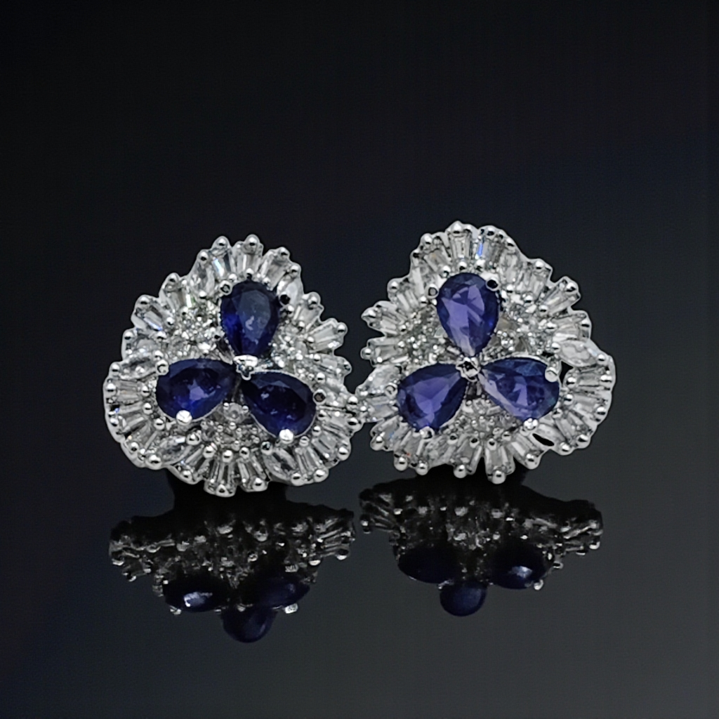 Royal Blue Crystal Floral Stud Earrings  Silver Plated Statement Jewelry
