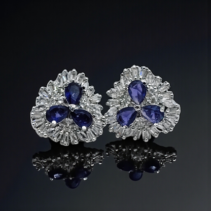 Royal Blue Crystal Floral Stud Earrings  Silver Plated Statement Jewelry