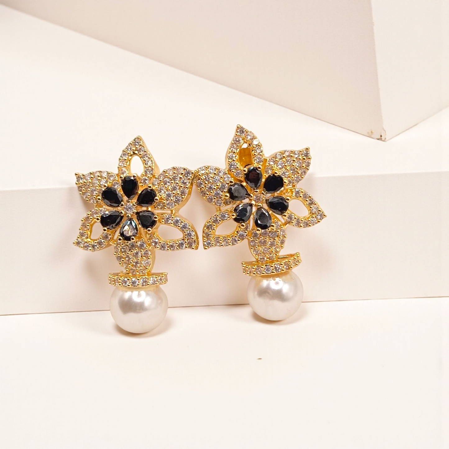 Floral Crystal Studs with Pearl Drop