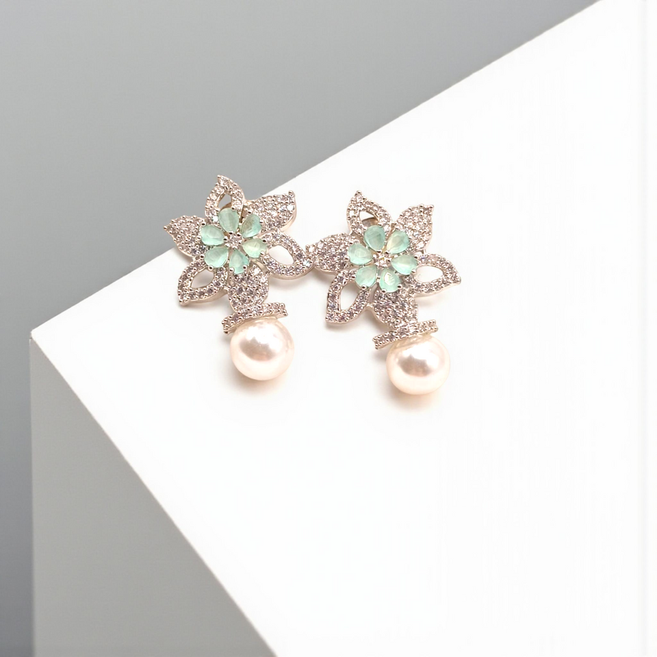 Floral Crystal Studs with Pearl Drop