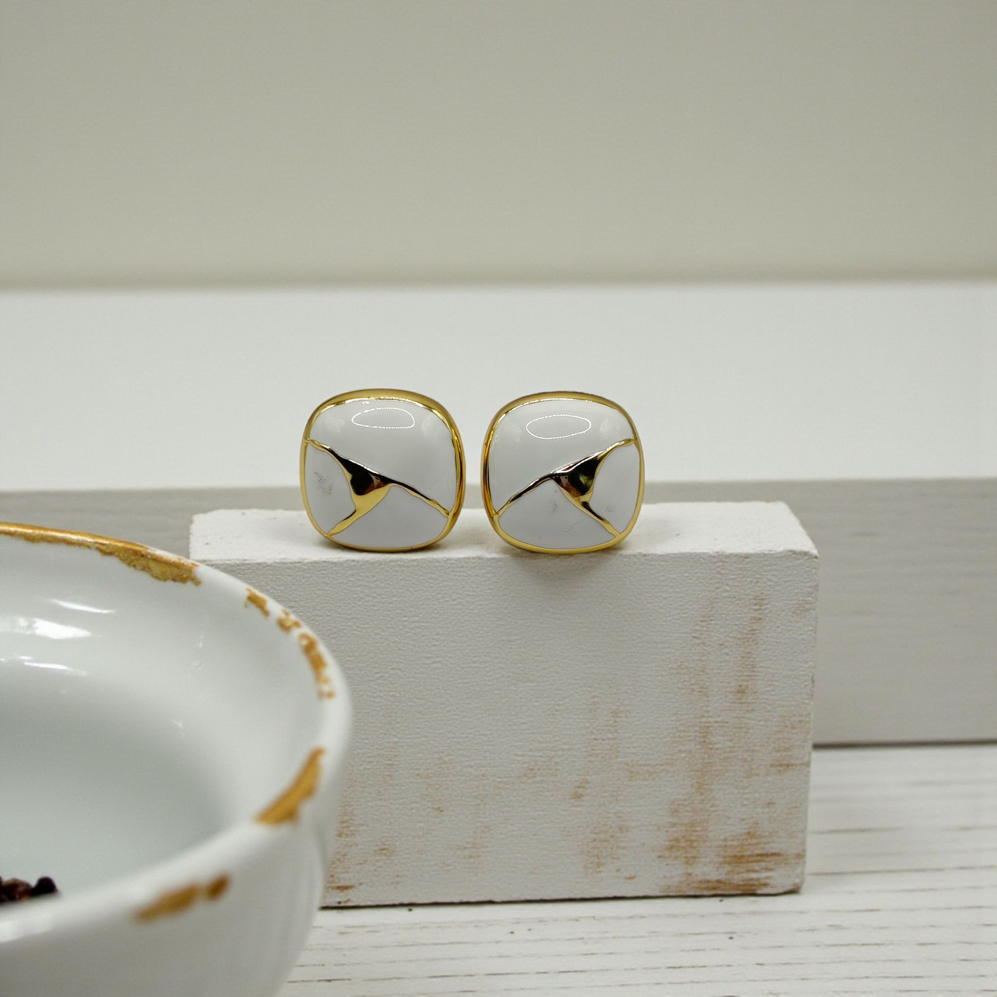 Classic White Enamel Studs with Gold Accent