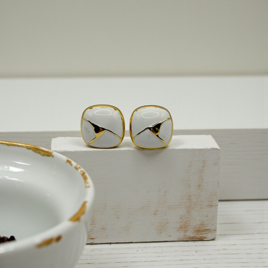 Classic White Enamel Studs with Gold Accent