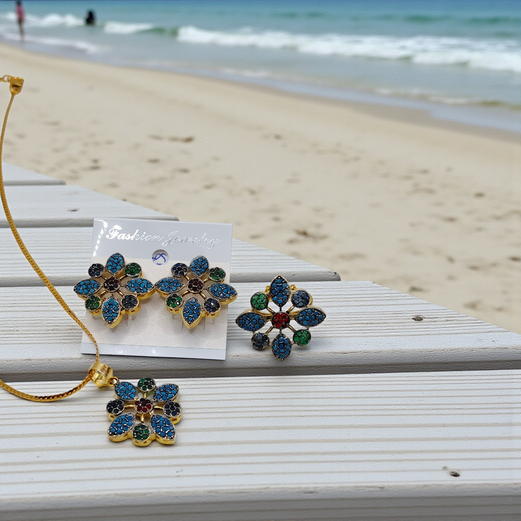 Floral Stone Pendant Set Gold Plated Statement Jewelry