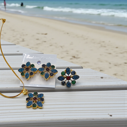 Floral Stone Pendant Set Gold Plated Statement Jewelry