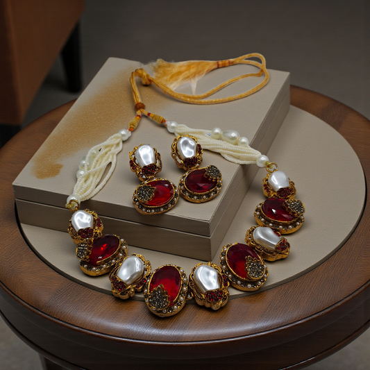 ✨ Regal Pearl Gold-Plated Jewelry Set – Statement Necklace with Matching Earrings