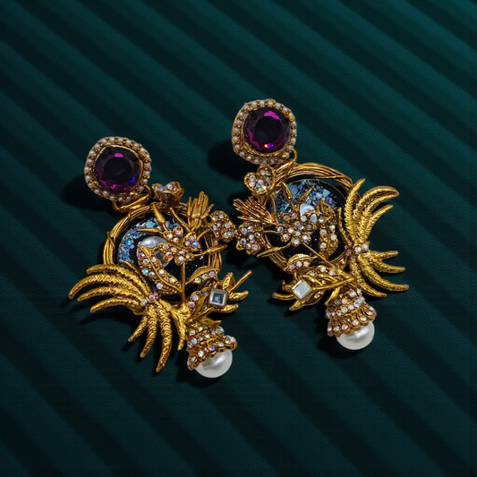 Antique Gold Peacock Pearl Drop Earrings Multicolor Statement Jewelry