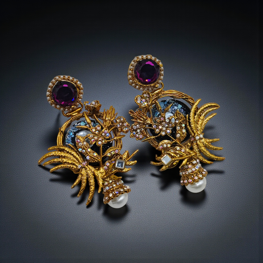 Antique Gold Peacock Pearl Drop Earrings Multicolor Statement Jewelry