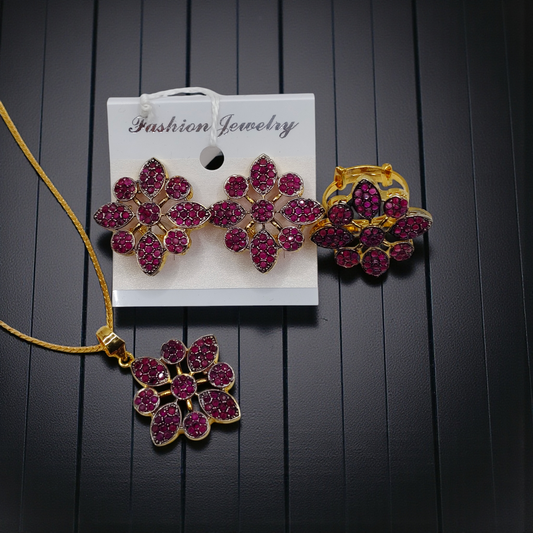 Floral Stone Pendant Set Gold Plated Statement Jewelry